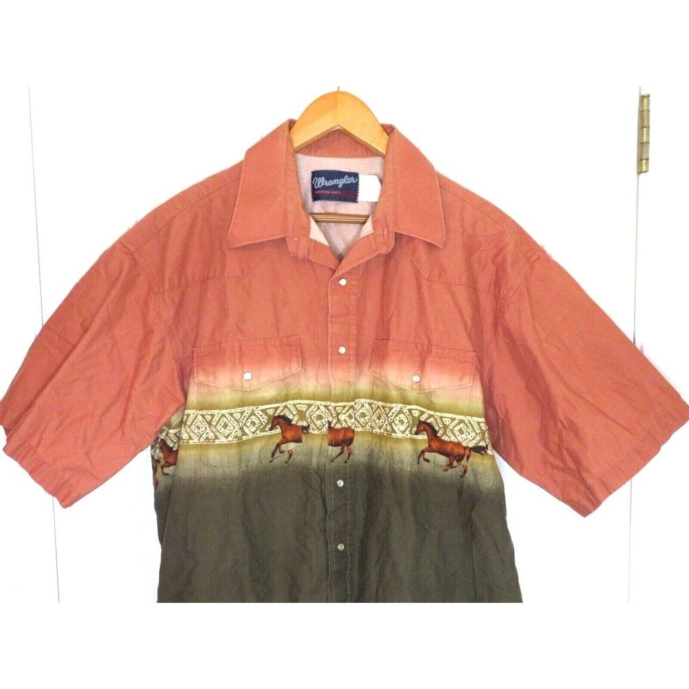 Vintage Wrangler Western Shirt Horses Pearl Snap Buttons Cowboy Men’s XL - Green